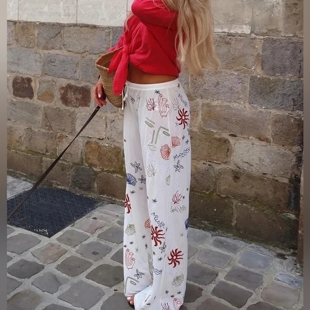 Embroidery Women Cotton Long Pants Drawstring Casual Wide Leg White Trousers - Picture 4 of 7